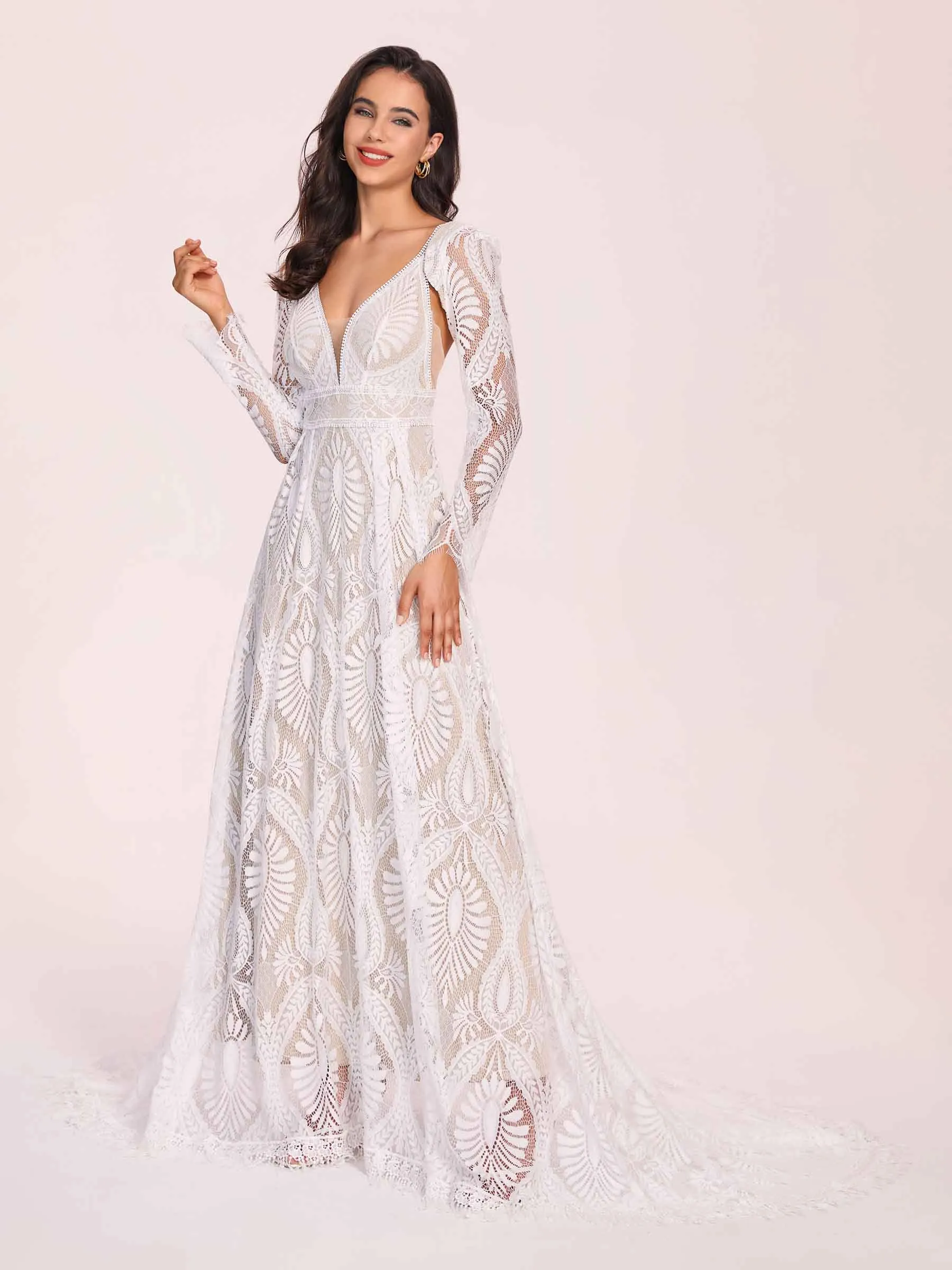 Boho Lace V-neck Long Sleeves Open Back A-line Floor Length With Train Wedding Dress
