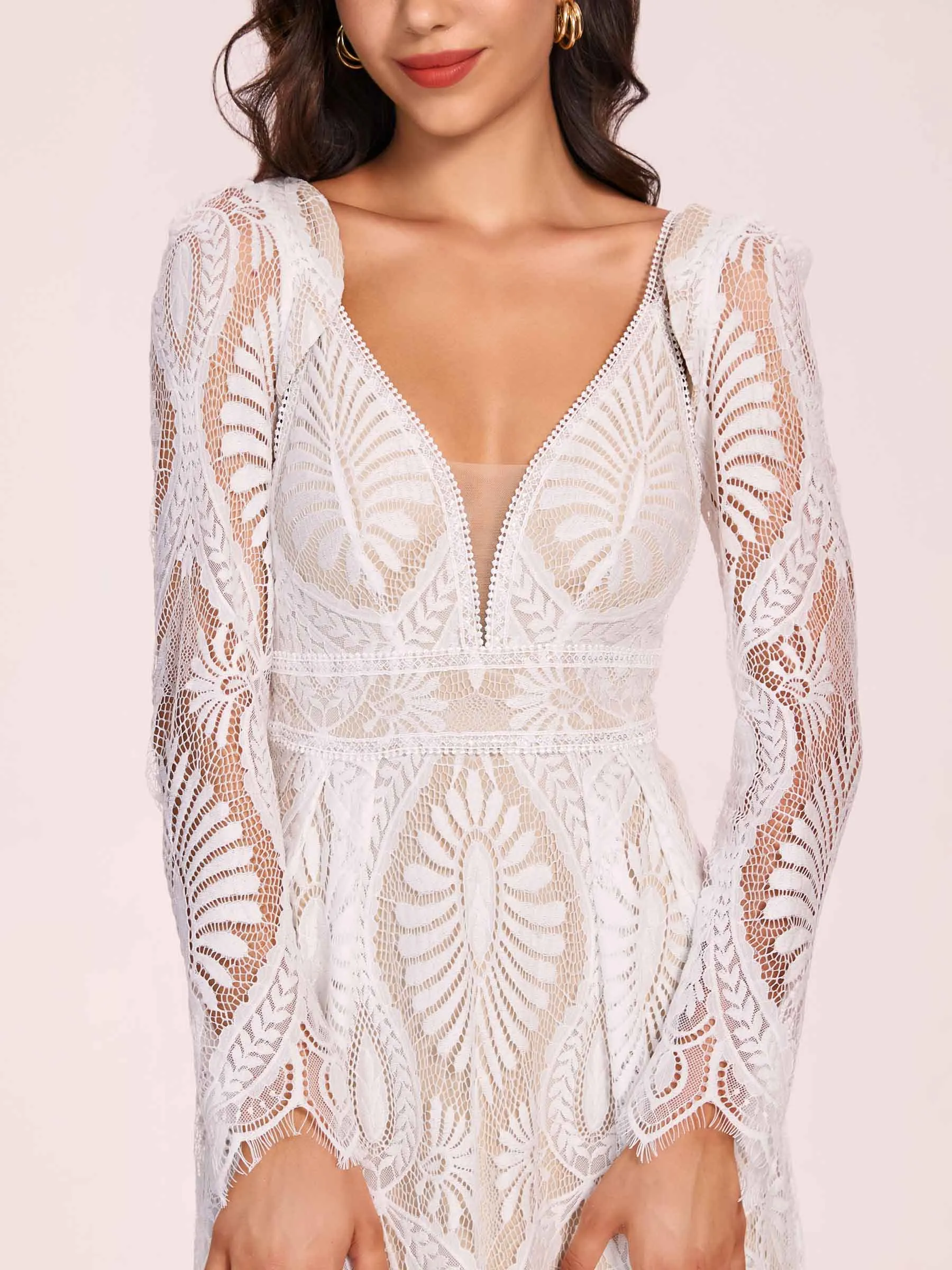 Boho Lace V-neck Long Sleeves Open Back A-line Floor Length With Train Wedding Dress
