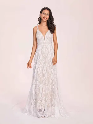 Boho Lace V-neck Long Sleeves Open Back A-line Floor Length With Train Wedding Dress