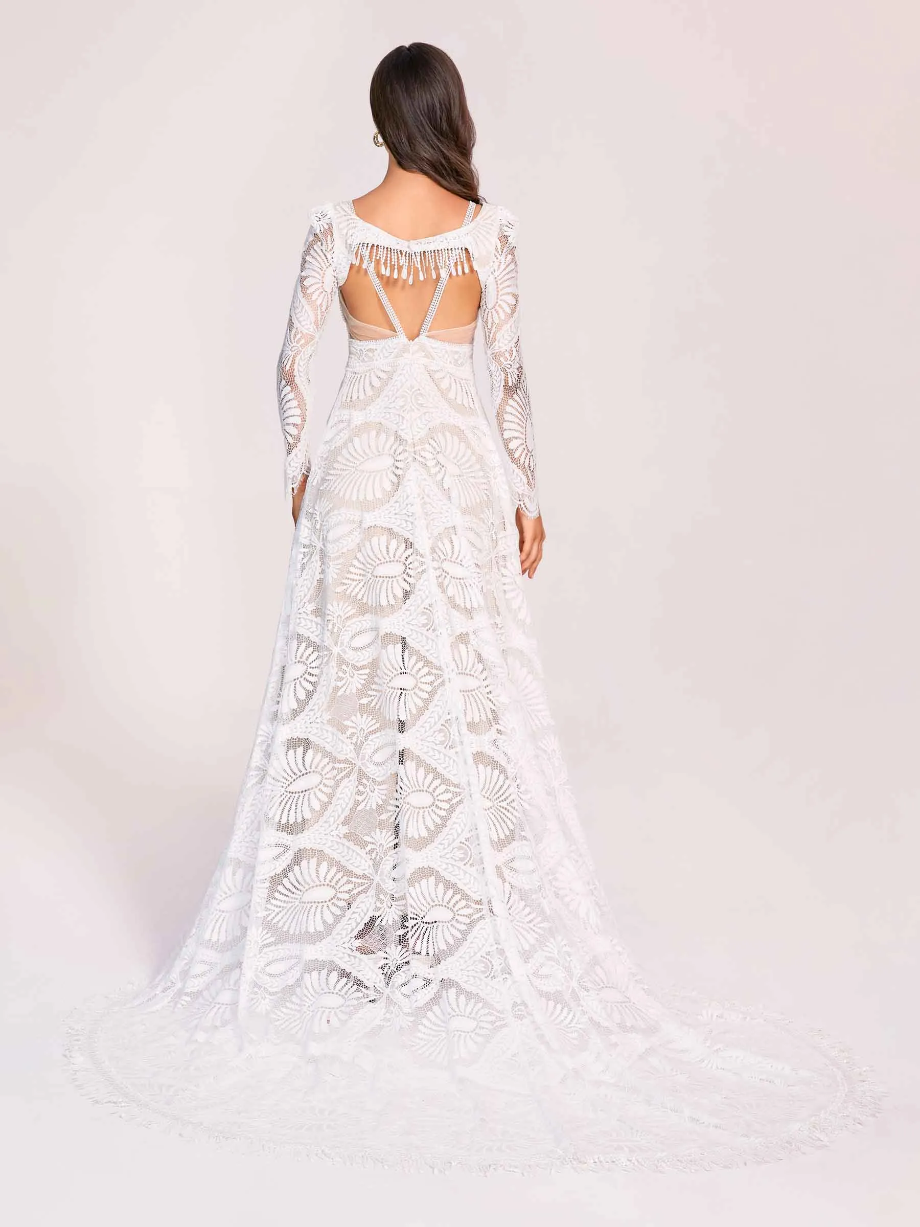 Boho Lace V-neck Long Sleeves Open Back A-line Floor Length With Train Wedding Dress