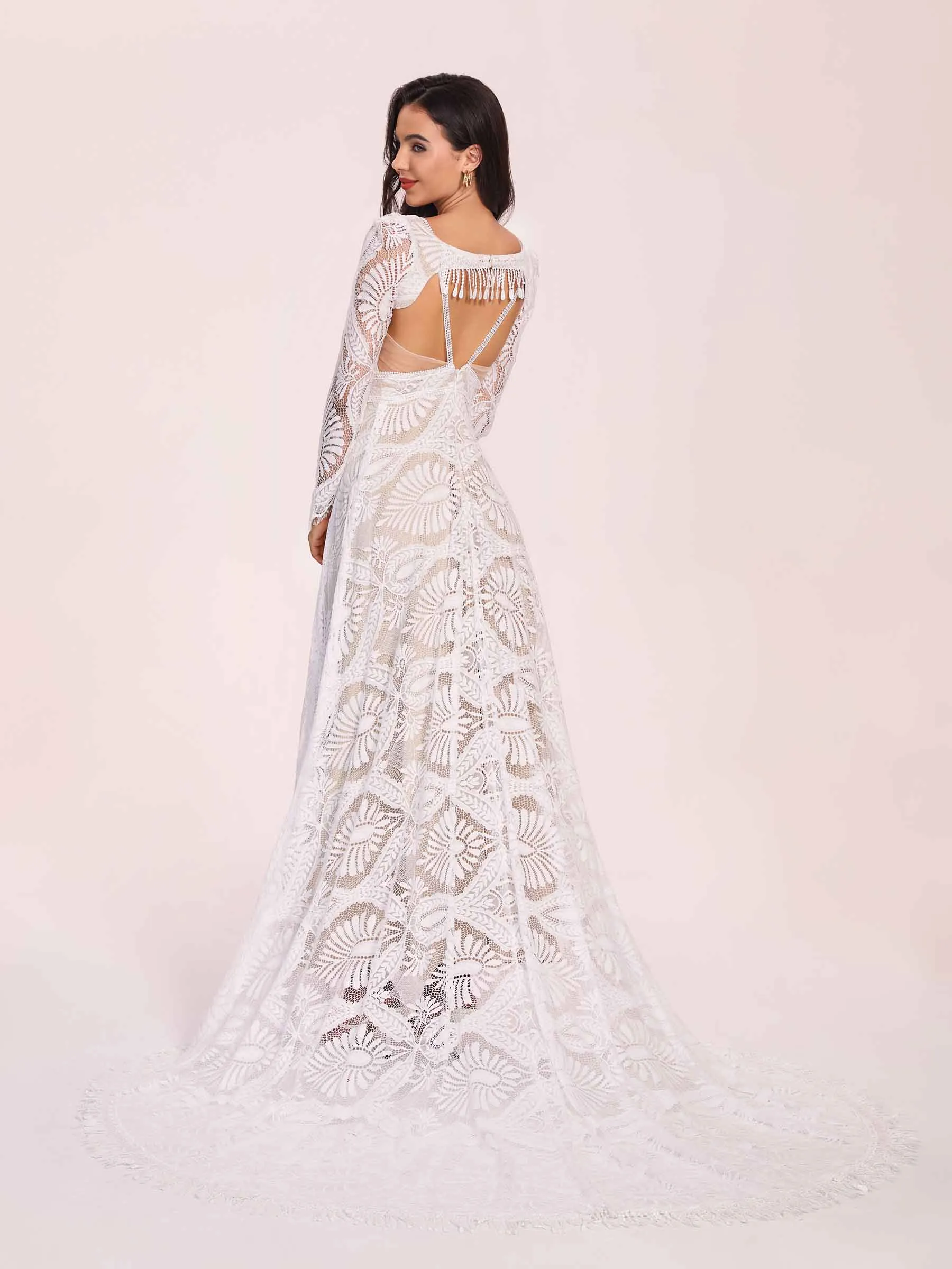 Boho Lace V-neck Long Sleeves Open Back A-line Floor Length With Train Wedding Dress