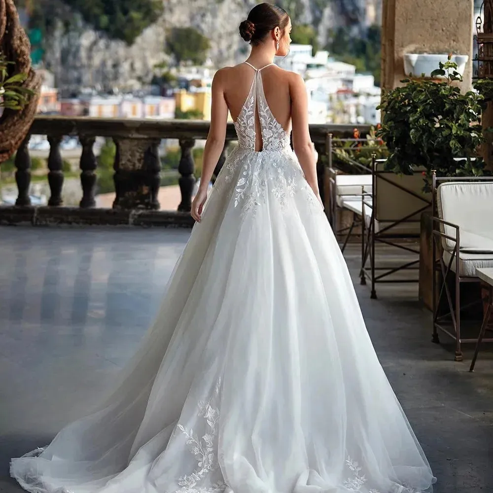 Boho Luxury Lace Vestidos De Novia Elegant Spaghetti Straps Sexy Backless A-line Wedding Dresses Customized Vestido De Noiva