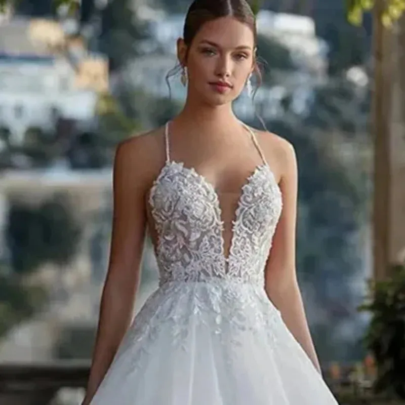 Boho Luxury Lace Vestidos De Novia Elegant Spaghetti Straps Sexy Backless A-line Wedding Dresses Customized Vestido De Noiva