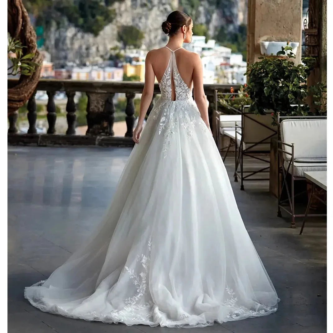Boho Luxury Lace Vestidos De Novia Elegant Spaghetti Straps Sexy Backless A-line Wedding Dresses Customized Vestido De Noiva