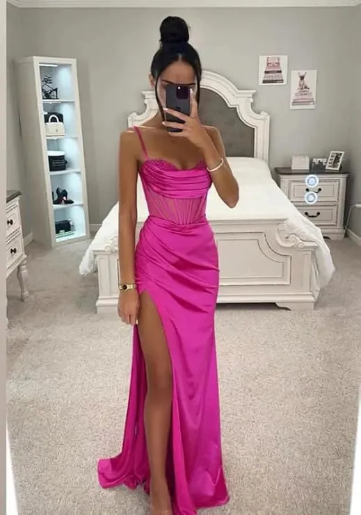 Bright Fuchsia Silk Satin Prom Dresses Appliques Pleats Women Formal Evening Dress Split Side Spaghetti Strap Outfits