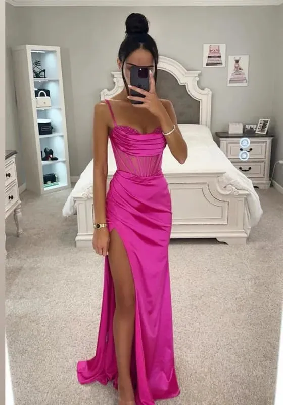 Bright Fuchsia Silk Satin Prom Dresses Appliques Pleats Women Formal Evening Dress Split Side Spaghetti Strap Outfits