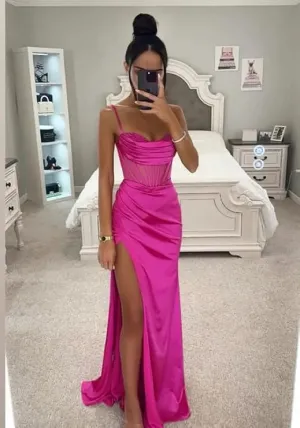 Bright Fuchsia Silk Satin Prom Dresses Appliques Pleats Women Formal Evening Dress Split Side Spaghetti Strap Outfits