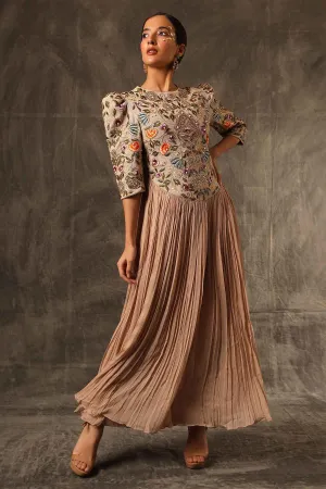 Brown A-Line Gathered Midi Dress