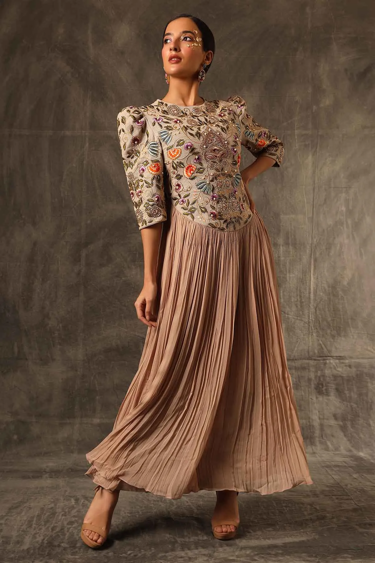Brown A-Line Gathered Midi Dress