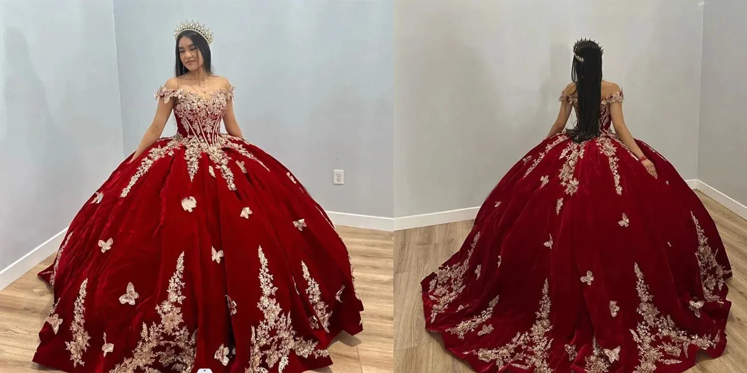Burgundy Satin Quinceanera Dresses Gold Flower Butterfly Appliques Princess Birthday Party Gown Vestidos de 15 años
