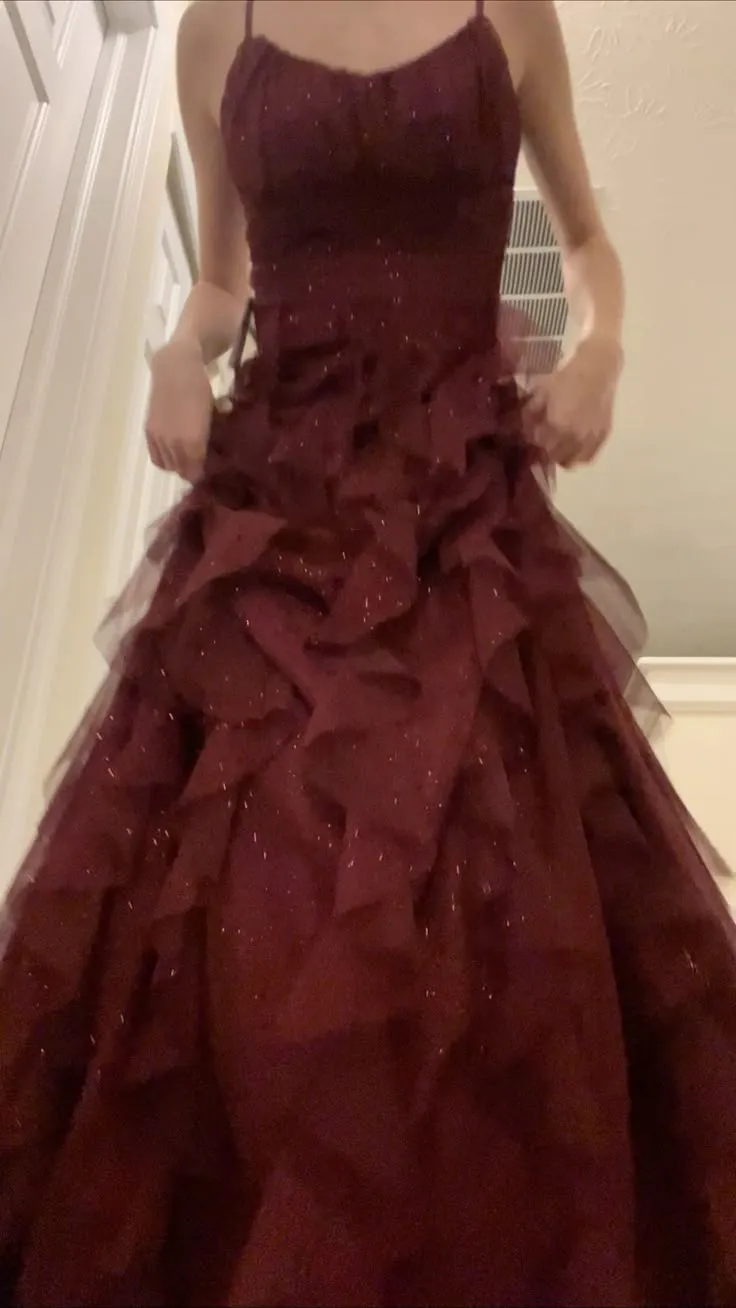 Burgundy Spaghetti Straps Sheath Ruffles Long Prom Dresses Evening Gowns, D1067