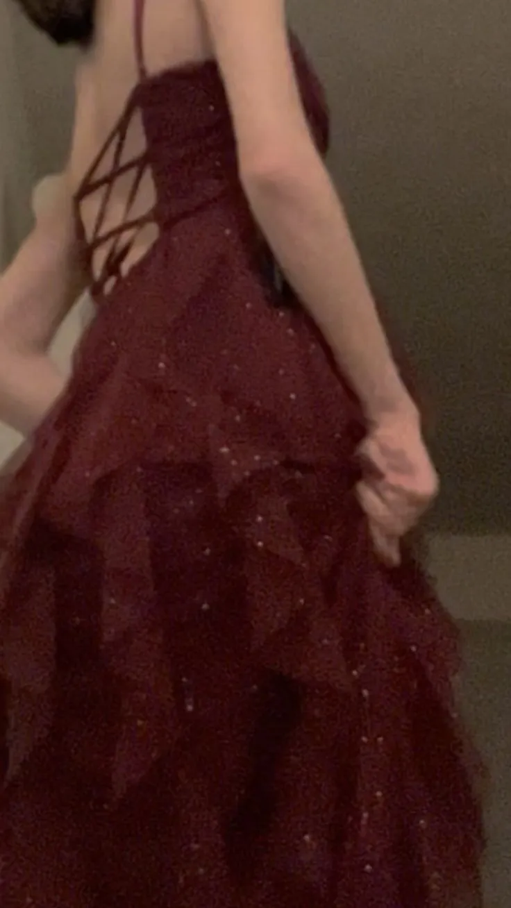 Burgundy Spaghetti Straps Sheath Ruffles Long Prom Dresses Evening Gowns, D1067