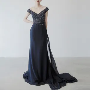 Capped Sleeve Navy Blue Prom Dress Party Gown with Vneck
