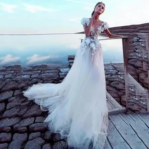 Champagne Boho Wedding Dresses luxury Sexy Backless Princess Bridal Dress Lace Appliques 3D Flowers Beach Long Wedding Gown