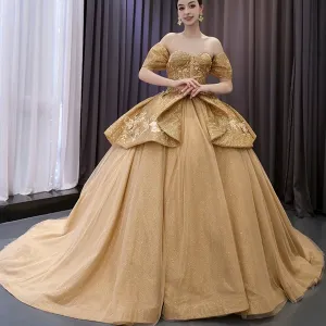 Champagne Gold Wedding Gown Off the Shoulder Quinceanera Dress