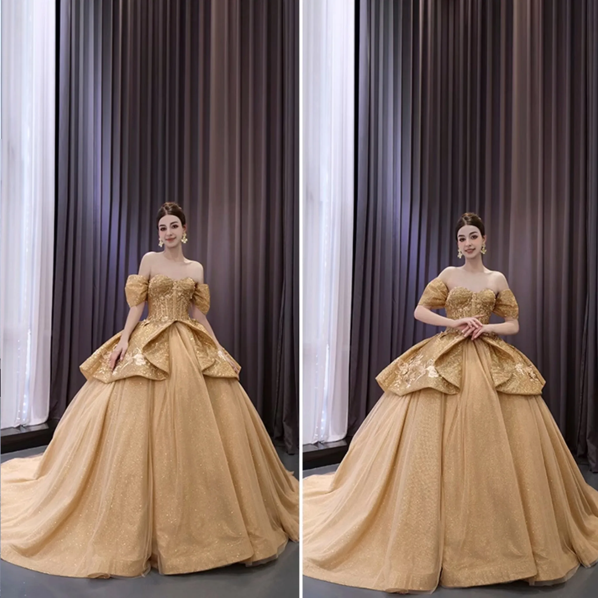 Champagne Gold Wedding Gown Off the Shoulder Quinceanera Dress