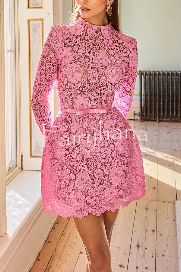 Champagne Toast Flower Lace Long Sleeve Bow Belted Mini Dress