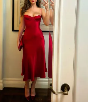 Charming Red Spaghetti Straps Sheath Satin Midi Length Evening Party Dress, D232