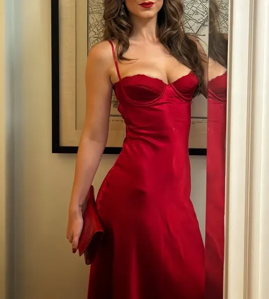 Charming Red Spaghetti Straps Sheath Satin Midi Length Evening Party Dress, D232