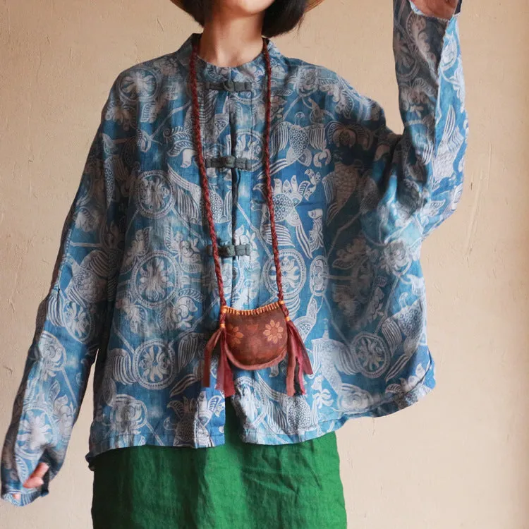 Chinese Button Butterfly Sleeve Cheongsam Qipao Top in Blue Print