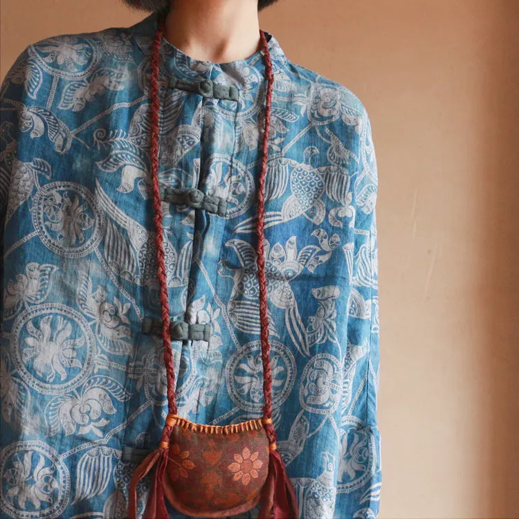Chinese Button Butterfly Sleeve Cheongsam Qipao Top in Blue Print