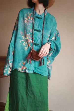Chinese Button Cheongsam Qipao Maxi Top -  Green Autumn Leaves