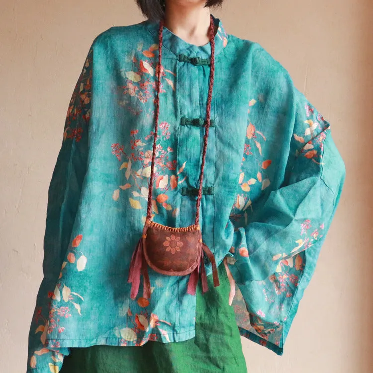 Chinese Button Cheongsam Qipao Maxi Top -  Green Autumn Leaves