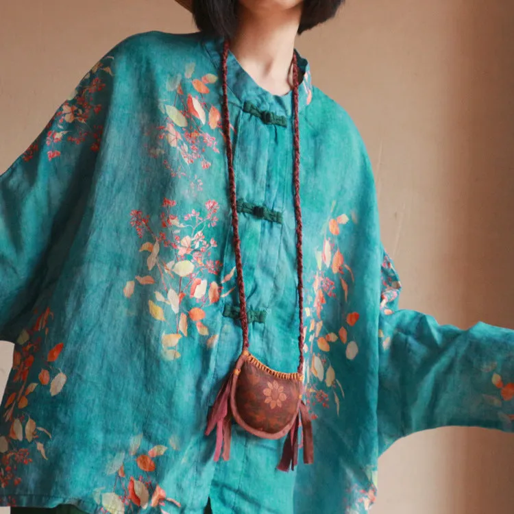 Chinese Button Cheongsam Qipao Maxi Top -  Green Autumn Leaves
