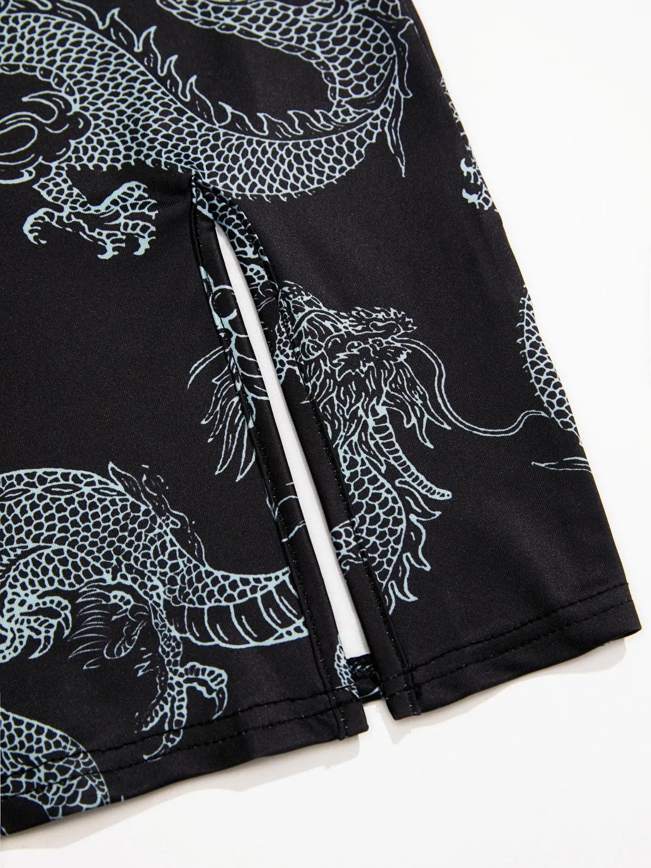 Chinese Dragon Print Side Split Qipao Dress