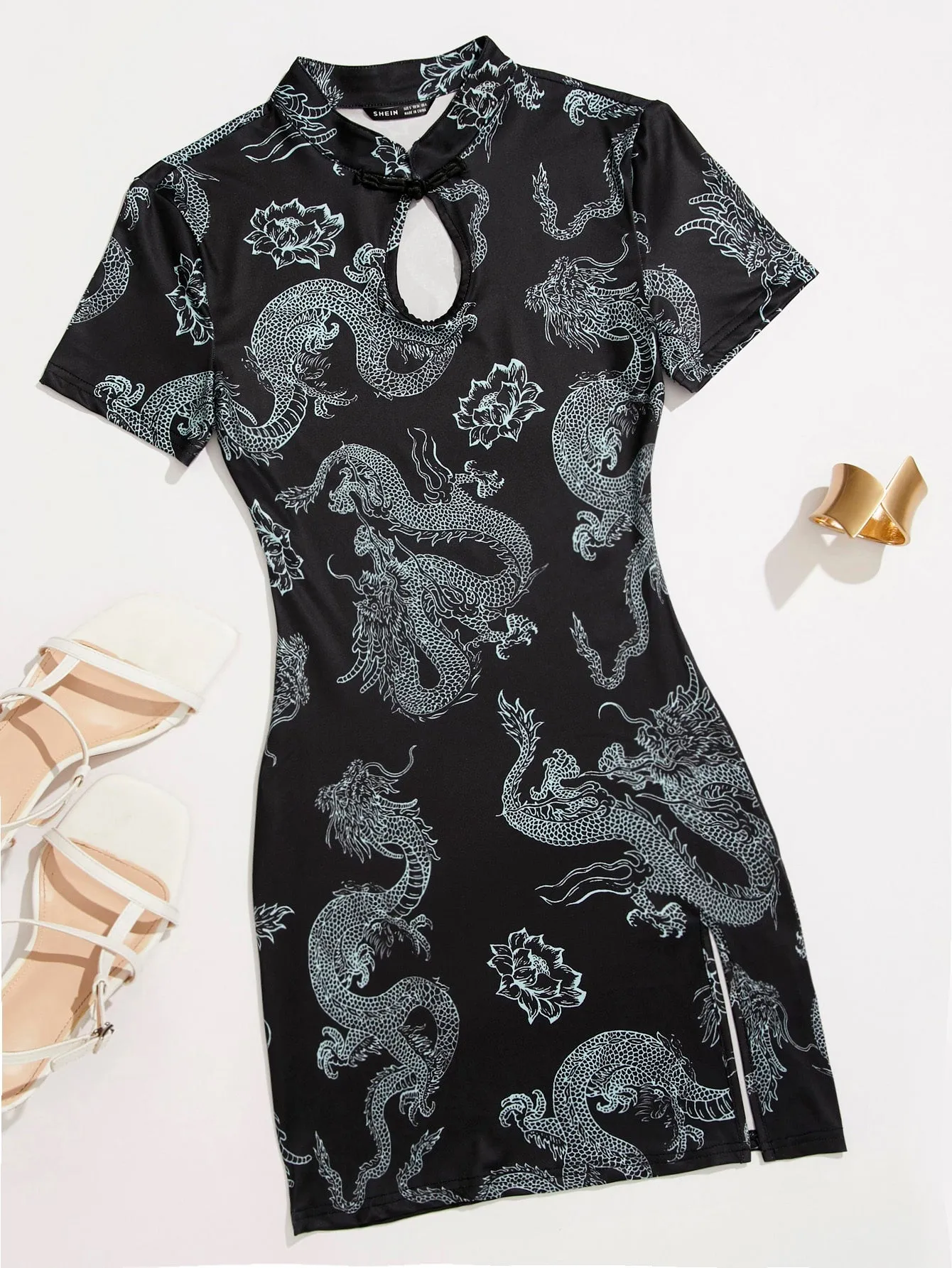 Chinese Dragon Print Side Split Qipao Dress