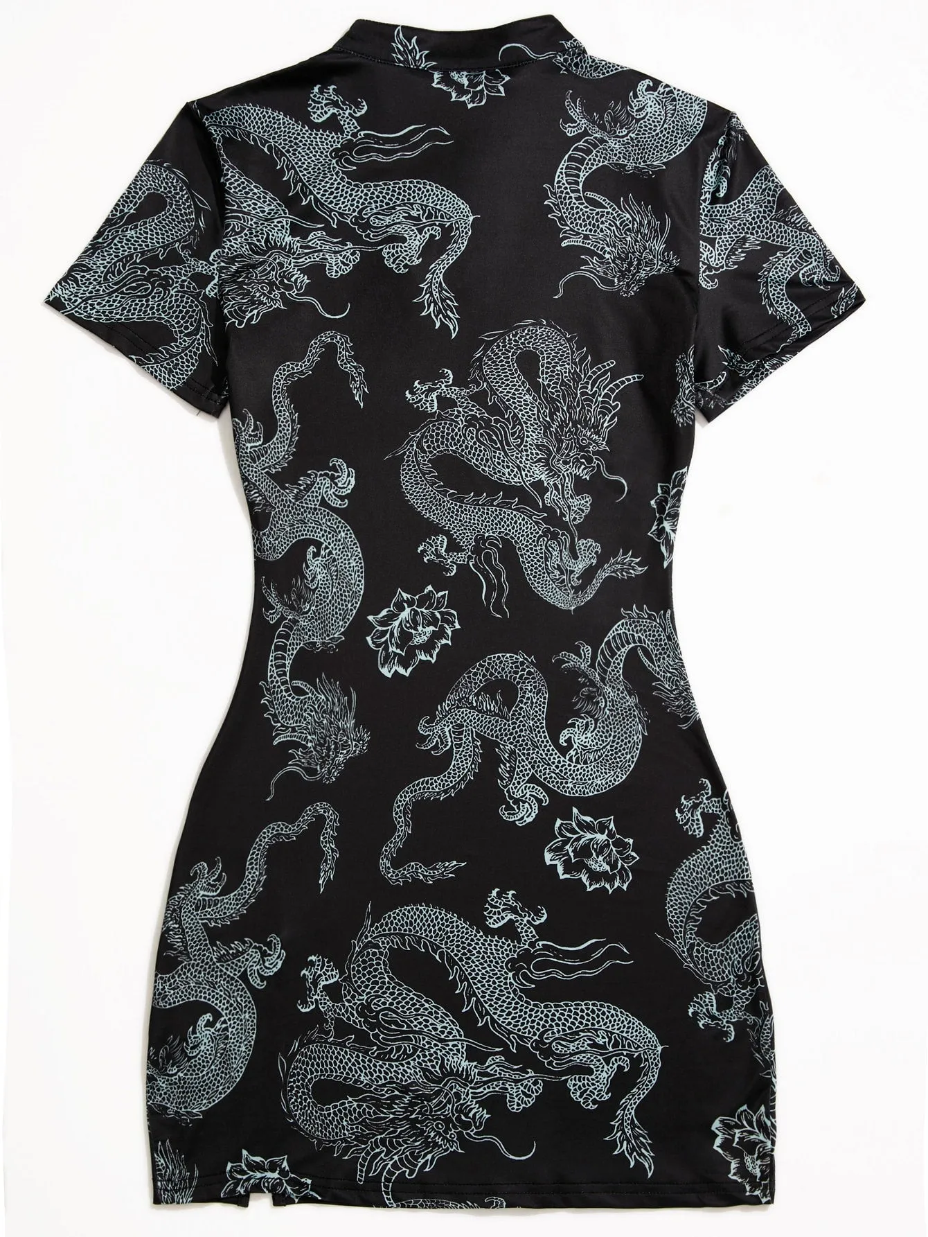 Chinese Dragon Print Side Split Qipao Dress