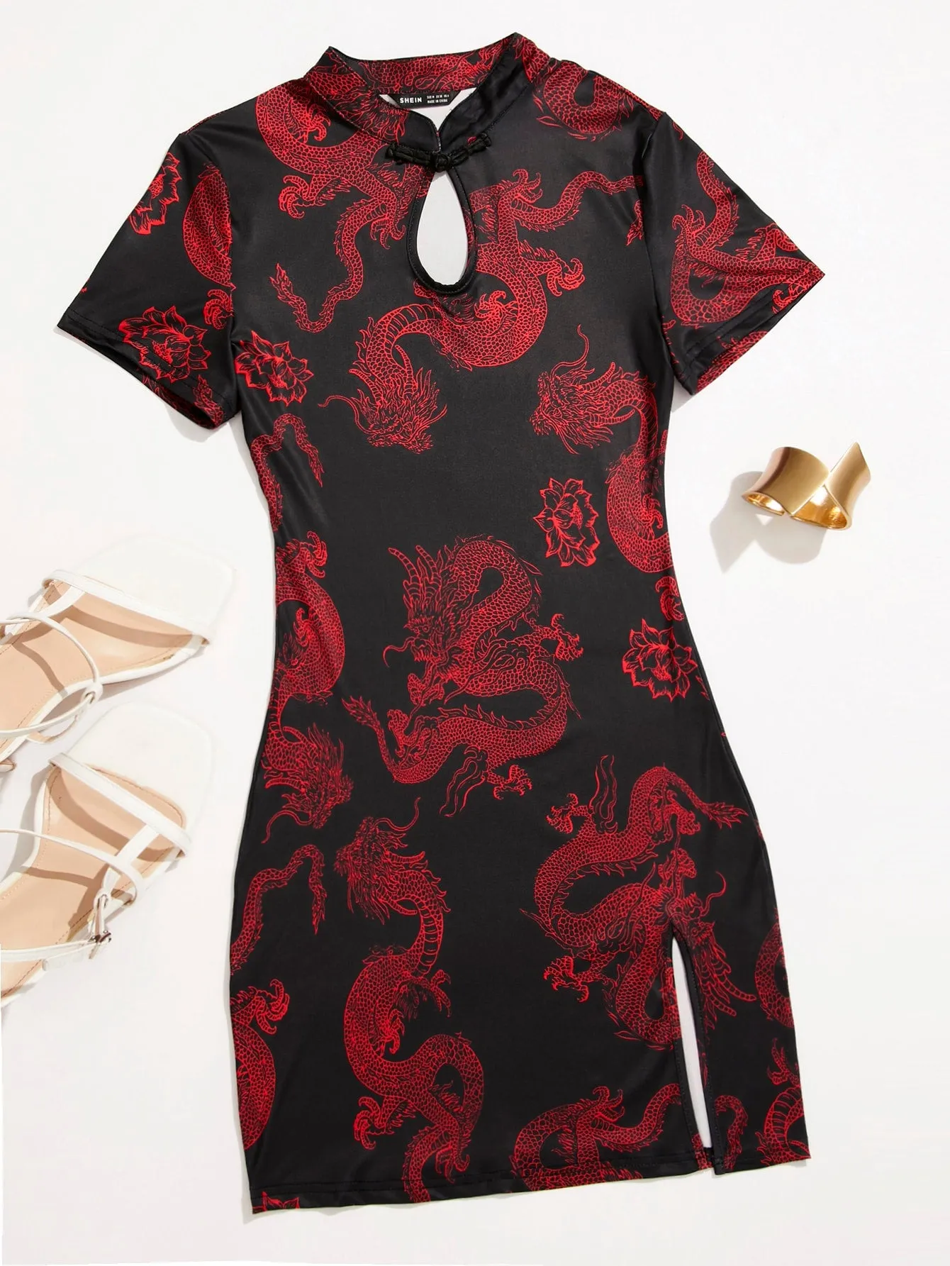 Chinese Dragon Print Side Split Qipao Dress