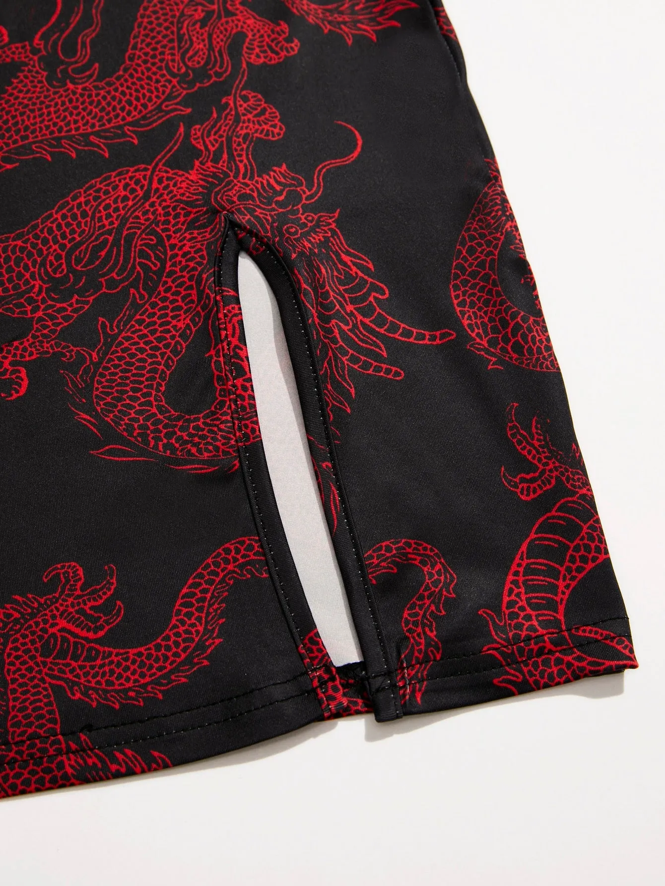 Chinese Dragon Print Side Split Qipao Dress