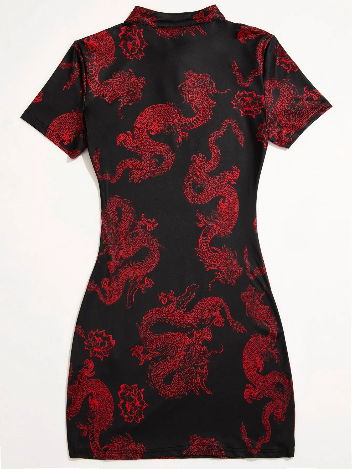 Chinese Dragon Print Side Split Qipao Dress