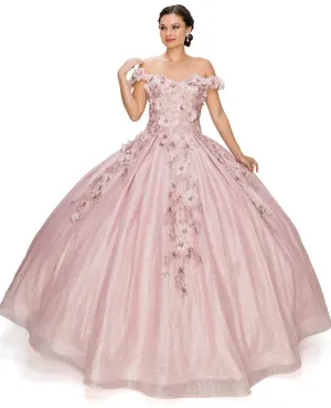 CinCout 8020J Lily's Dusty Rose Glitter Mesh, 3D Flower Top Quinceanera Dress