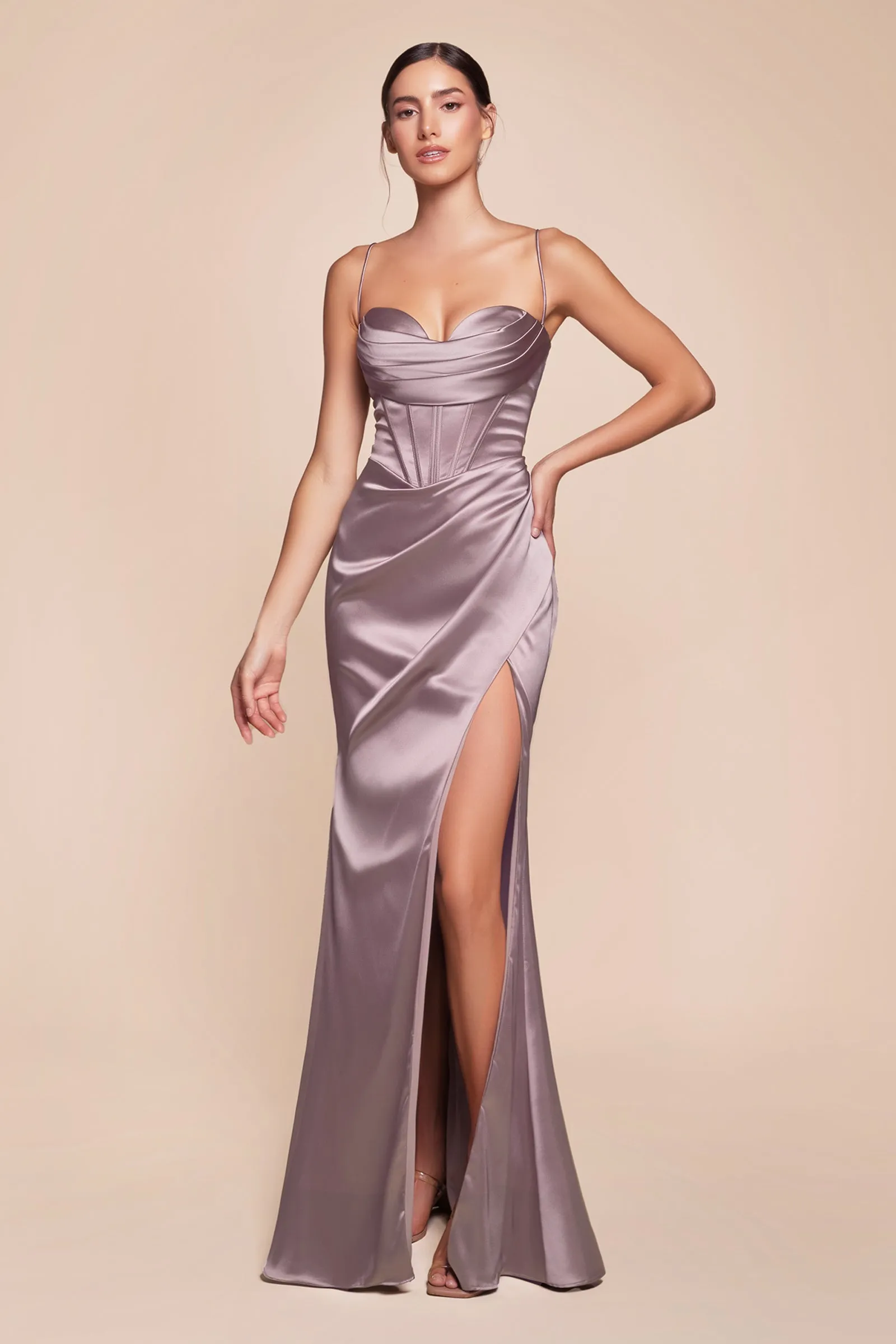 CINDERELLA DIVINE 7483 Cowl Draped Corset Satin Fitted Dress