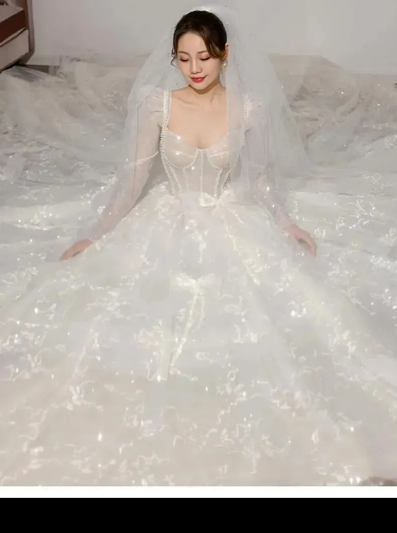 Classic Full Sleeve Wedding Dress Shining Sequins Pearl Ball Gown Plus Size Custom Made Luxury Bridal Dresses Robe De Mariee