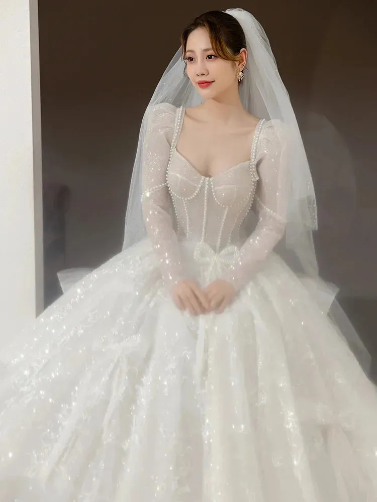 Classic Full Sleeve Wedding Dress Shining Sequins Pearl Ball Gown Plus Size Custom Made Luxury Bridal Dresses Robe De Mariee