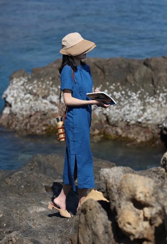 Classic Linen Cheongsam Dress in Blue