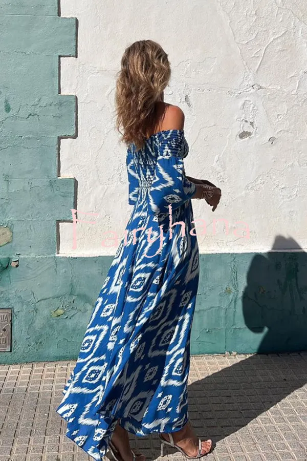 Close To The Vacation Ethnic Print Smocked Off Shoulder Pocketed Maxi Dress