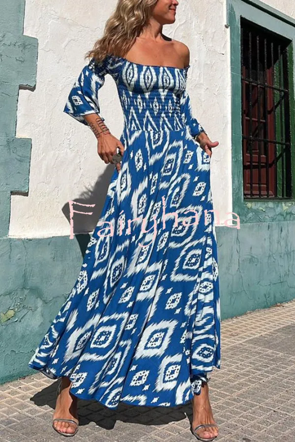 Close To The Vacation Ethnic Print Smocked Off Shoulder Pocketed Maxi Dress
