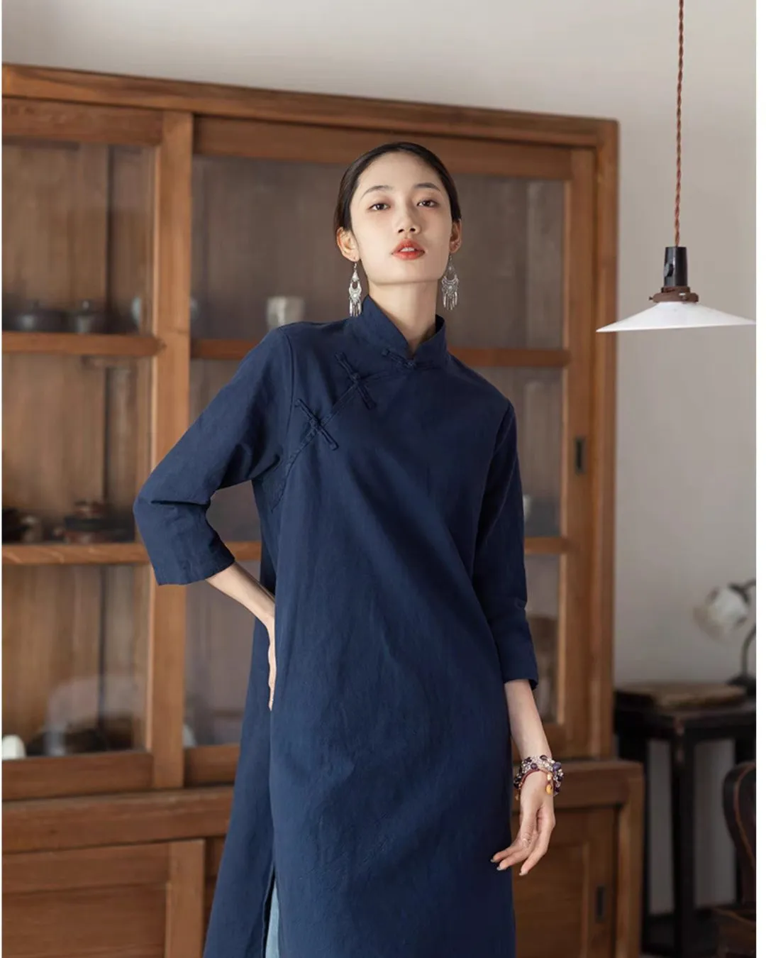 Cotton Linen Cheongsam Qipao Dress in Navy Blue