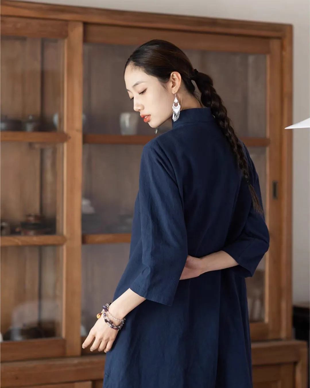 Cotton Linen Cheongsam Qipao Dress in Navy Blue