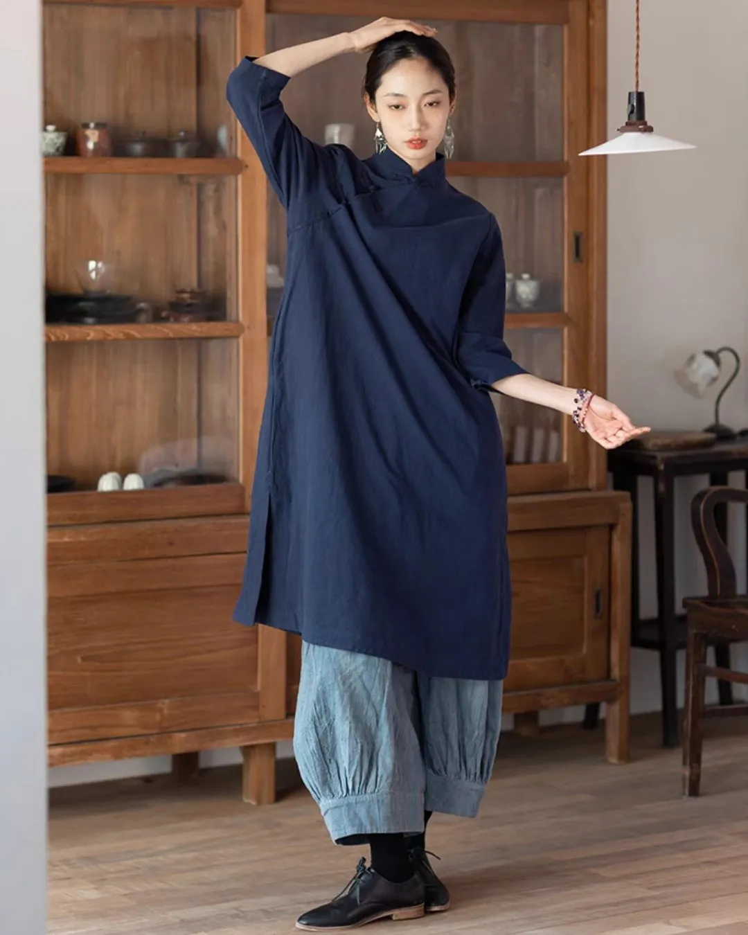 Cotton Linen Cheongsam Qipao Dress in Navy Blue