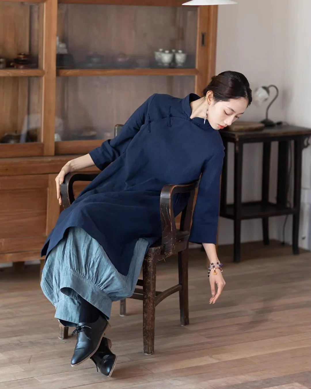 Cotton Linen Cheongsam Qipao Dress in Navy Blue