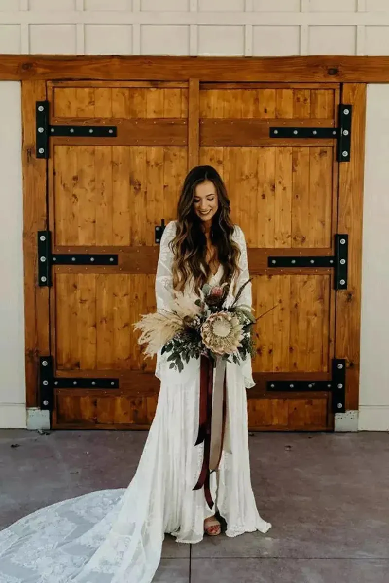Country Style Wedding Dresses Boho Lace Long Sleeves Deep V Neck A Line Ivory Beach Bohemian Plus Size Summer Bridal Gowns