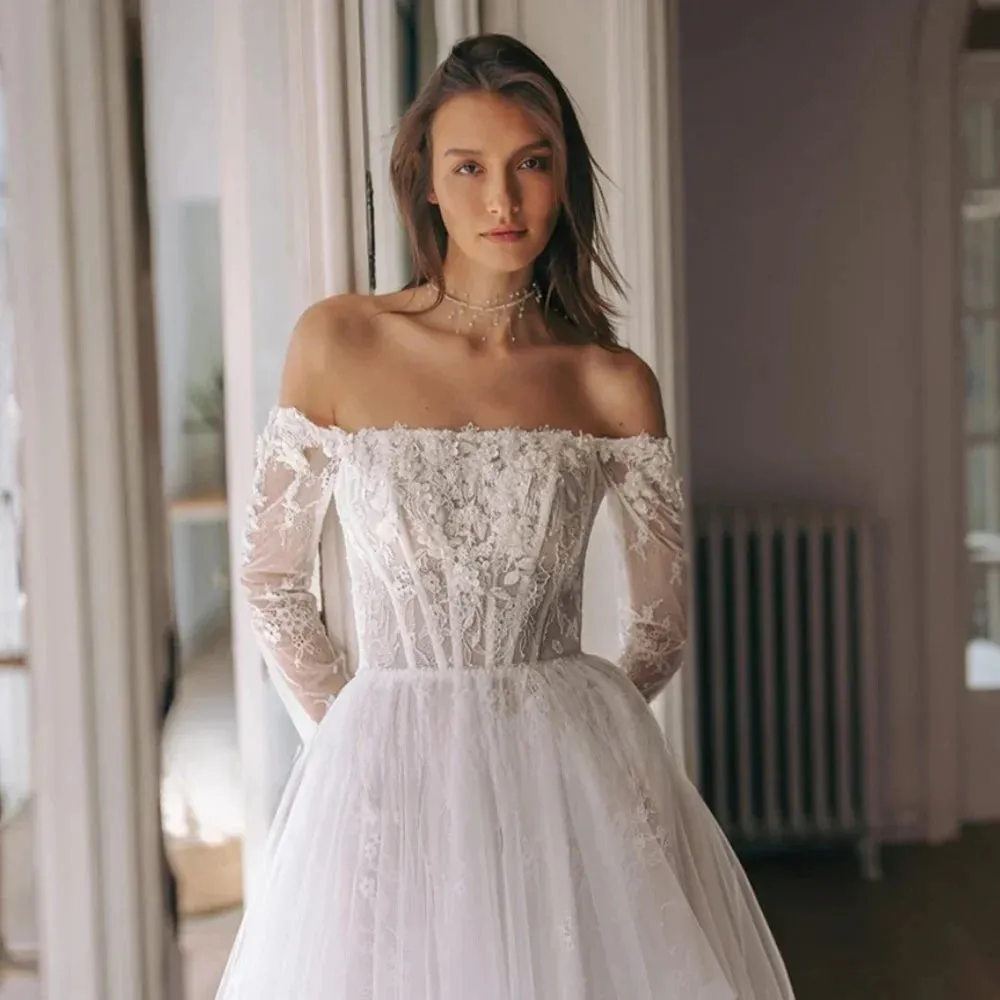 Customized Off The Shoulder Long Sleeve Vestidos De Novia Boat Neck See Through Lace Wedding Dresses Appliques Vestido De Noiva