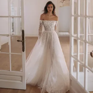 Customized Off The Shoulder Long Sleeve Vestidos De Novia Boat Neck See Through Lace Wedding Dresses Appliques Vestido De Noiva