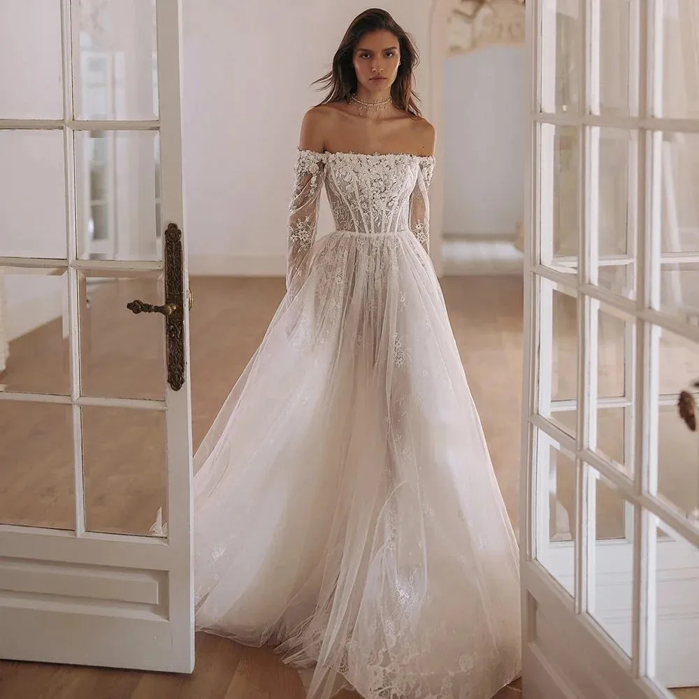 Customized Off The Shoulder Long Sleeve Vestidos De Novia Boat Neck See Through Lace Wedding Dresses Appliques Vestido De Noiva