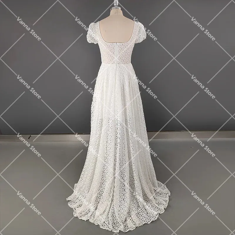 Cutout Lace Sweetheart Bridal Gowns Customized Square Back Short Cap Sleeves A Line Wedding Dress